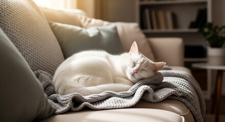 Domestic cat sleeping peacefully on a cozy sofa bathed in warm sunlight