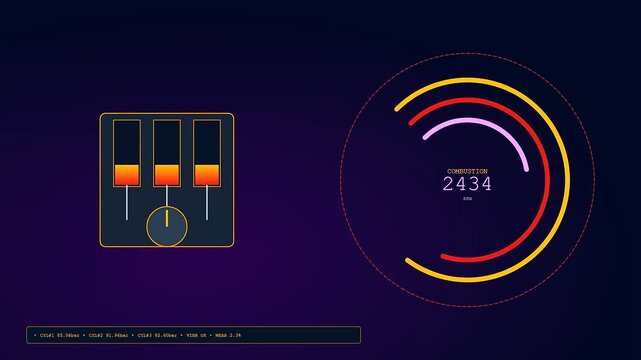 A predictive maintenance interface displays shifting numeric combustion engine data through circular progress bars and linear cylinder gauges rendered on a deep dark purple digital screen