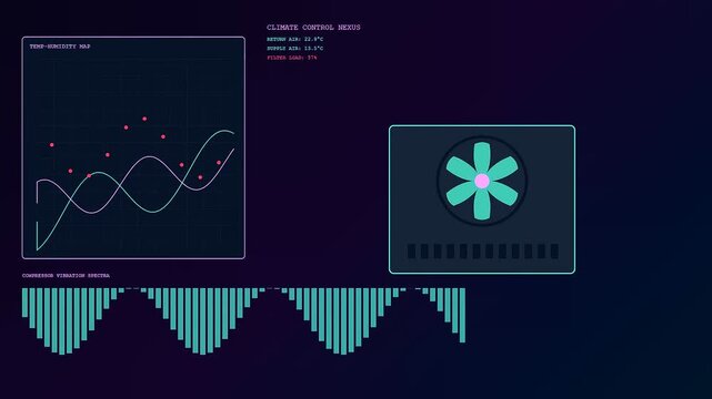 Predictive maintenance interface displays animated sine wave charts and spinning ventilation fan icons on a dark digital monitor for monitoring industrial climate control system performance metrics