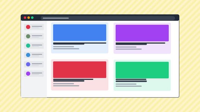 Modern web dashboard interface with dynamic colorful blocks and sidebar navigation menu animation 4k