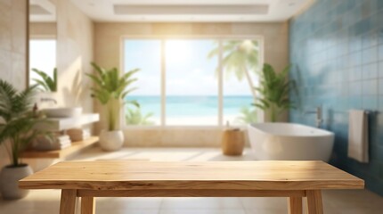 Fototapeta premium Empty Wooden Table Top for Product Display in Luxury Tropical Bathroom with Ocean View Background Mockup Spa Interior