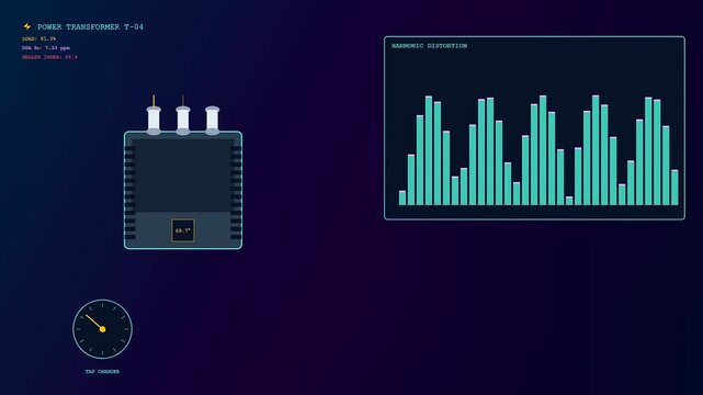 Predictive maintenance dashboard with moving transformer metrics and audio visual harmonic distortion bars displayed on a dark virtual interface for industrial power plant grid system monitoring