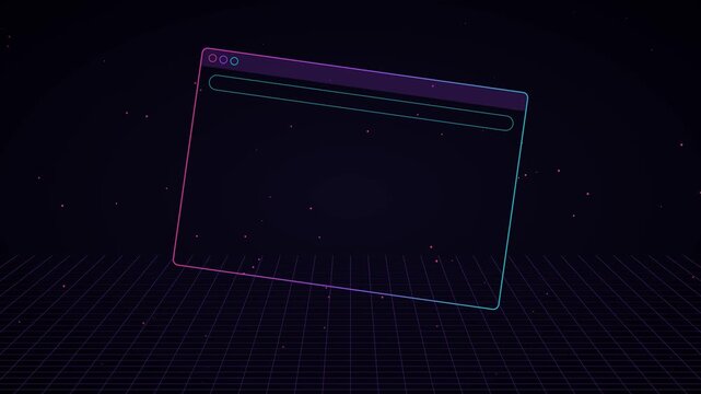 Neon browser window interface with retro grid animation 4k background, and floating particles, for digital technology, and web concepts