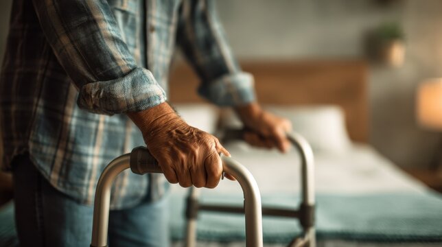 Medium shot of a man gripping a walker handle while stepping from bed to chair emphasizing steady mobility aid and soft background blur.