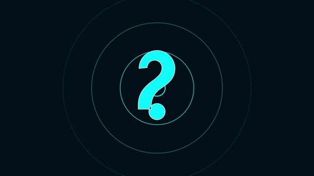 Neon cyan question mark symbol pulsing with concentric circles animation 4k