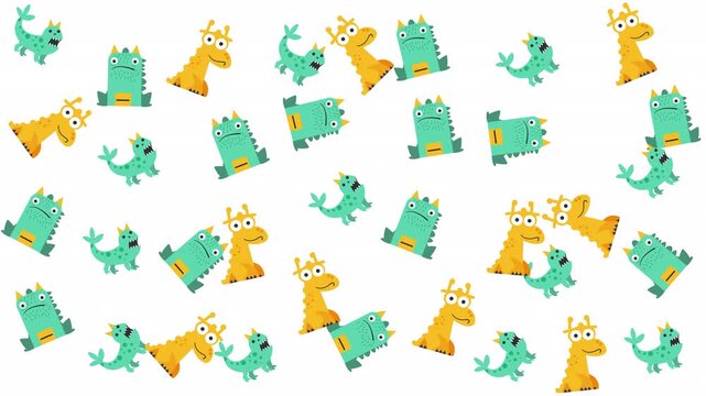 Suitable for childrens products, stationery, fabric prints. Playful and cute repeated pattern with green monsters, yellow giraffes on white background.