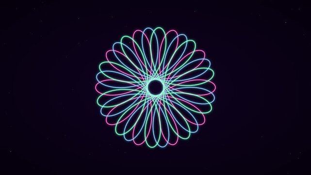 Neon geometric mandala motion background: vibrant pink and cyan circular spirograph pattern rotating on dark abstract space animation 4k