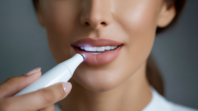 Digital dental scanning process is shown with a cropped view of lips and dental scanner in use