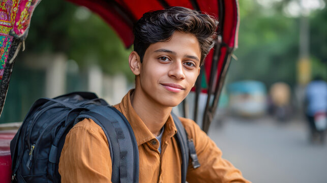 Young student enjoys rickshaw ride in a busy city during afternoon
