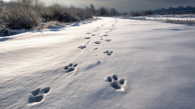 Animal paw prints lead into snow along a winter trail near a riverbank on a chilly day