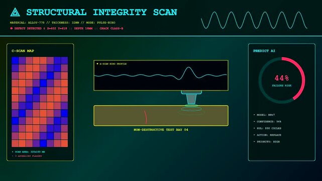 Digital predictive maintenance interface shows industrial structural integrity scans with changing percentage data metrics and waveform signals displayed on glowing blue and dark green screen monitors