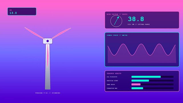 A predictive maintenance display shows wind turbine data metrics evolving across three screen frames with glowing pink and purple gradients reflecting modern renewable energy monitoring system status