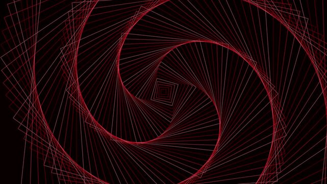 Red geometric square spiral tunnel motion background, abstract hypnotic pulsing lines animation, digital pattern for modern visual 4k