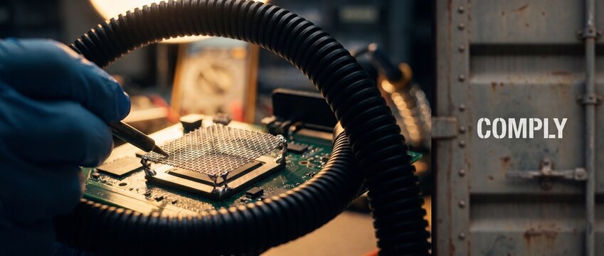 Microchip compliance engineering quality assurance testing on electronic circuit board in laboratory, paired with industrial metal cargo container wall showing comply text for regulatory standards.