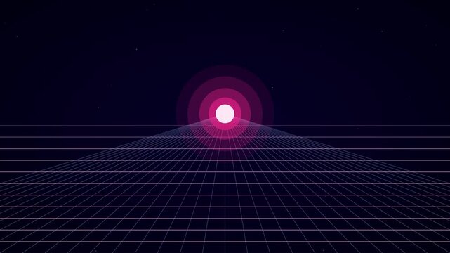 Retro synthwave neon grid horizon with glowing pink sun abstract animation 4k background