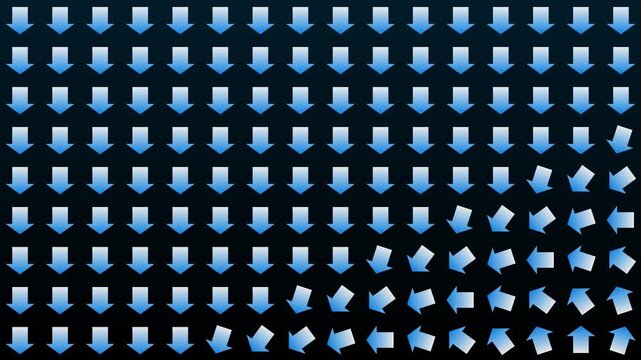 Rotating blue arrows grid background, dynamic directional symbols animation for ui and data visualization 4k