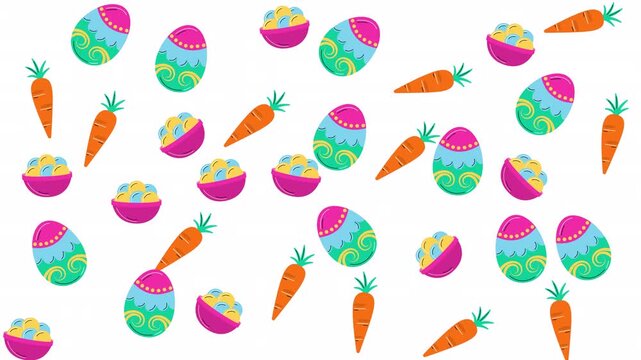Patterned easter eggs, orange carrots, small bowls filled with festive holiday treats. Perfect for easter and springthemed designs.