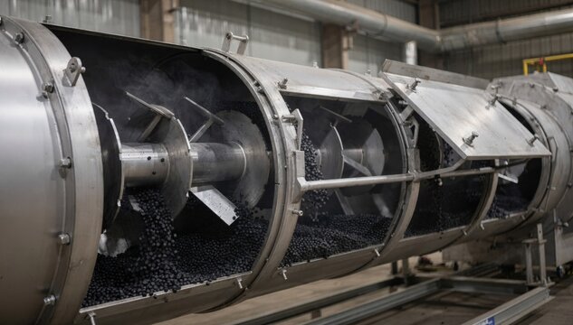 Closeup medium shot of a drum dryer cooling black pellets with open access panels revealing internal mechanics and pellet flow