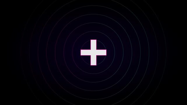 Rotating plus sign with pulsing neon circular waves on animation 4k black background, symbol addition
