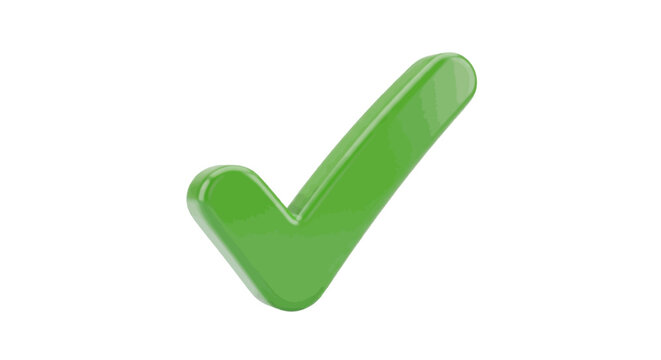 Vector illustration of 3d render of a glossy green check mark symbol on a transparent background