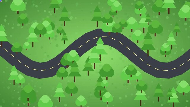 Winding road through green forest landscape flat animation 4k background, trees