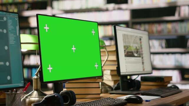 Green screen monitor mockup with multiple interfaces on desktop sitting on wooden library desk with screens, books, headphones and green lamps, screen replacement, for education technology.