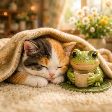 Cute Sleeping Kitten and Friendly Frog Under a Cozy Blanket