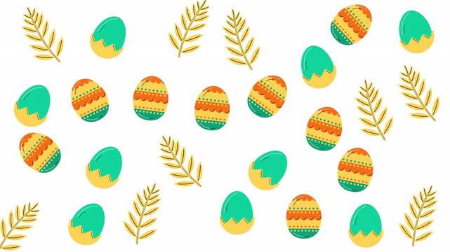 Patterned easter eggs with yellow fern leaves make a decorative holiday art suitable for festive seasonal projects and designs. Decorations.