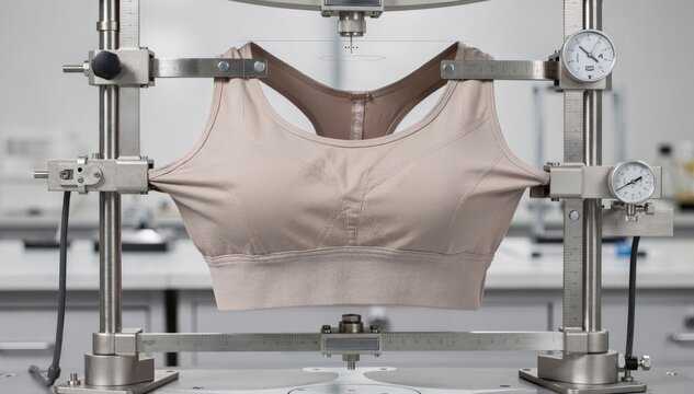 Medium shot of highimpact sports bralette being stretched on lab equipment demonstrating durability and resilience under intense performance testing conditions.