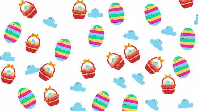Striped easter eggs, blue cloud shapes, and red woven holiday gift baskets perfect for easter and holidaythemed designs and projects.
