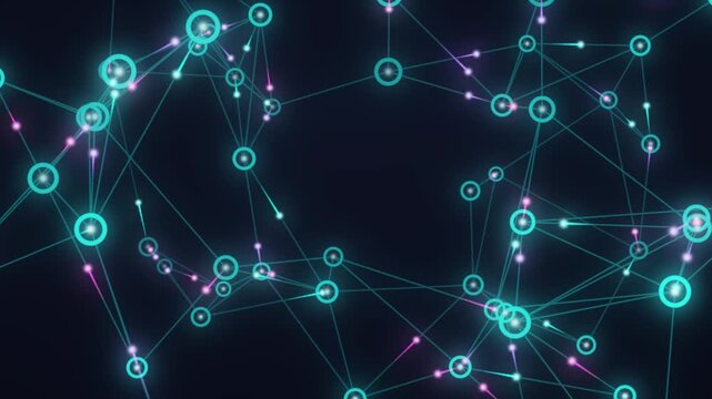 3D glowing neural network animation with pulsing data nodes, ideal for artificial intelligence presentations, machine learning concepts, and tech backgrounds.