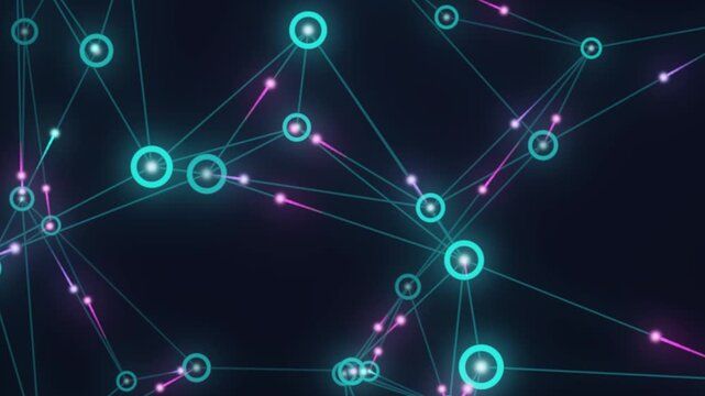 Abstract digital network of connected glowing nodes and light pulses, perfect for cyber security, big data visualization, and modern tech concepts.