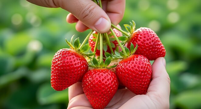 Freshly picked strawberries held in hand with green field background