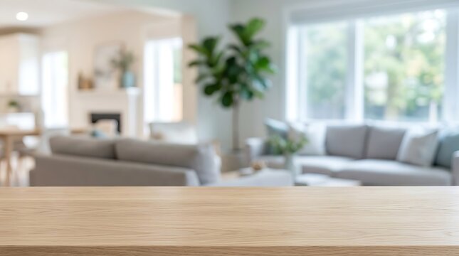 Empty Wooden Table Top with Blurred Living Room Interior Background for Product Placement in Modern Bright Home Space