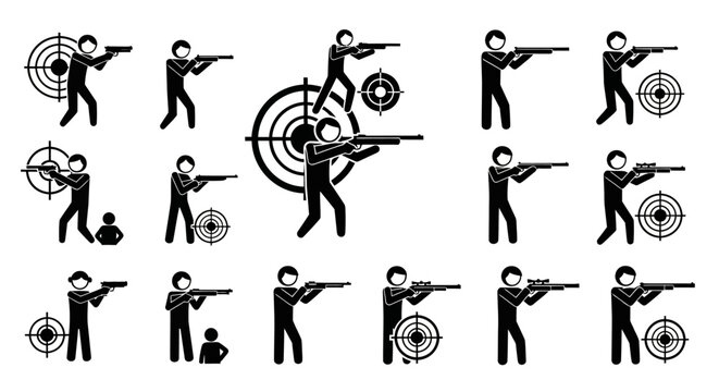 Various shooting poses and targets illustration.