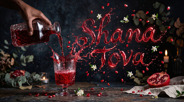 Shana Tova Rosh Hashanah Greeting with Pomegranate Juice Splash Pouring into Glass