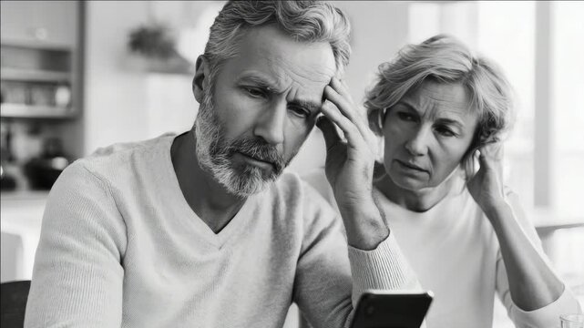 Man and woman sit together, holding phones. They both look stressed, hands on heads. Black and white tones emphasize their concern. Their expressions show worry, fatigue, or frustration