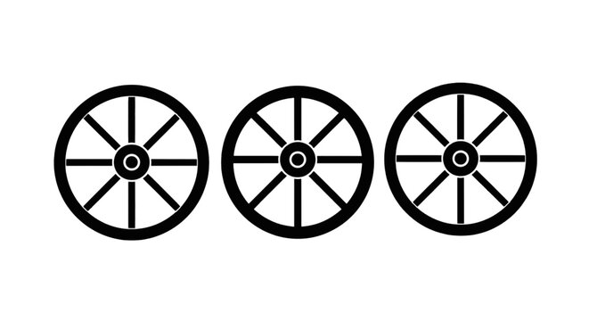 Vector illustration of three black wagon wheels icon set on a transparent background