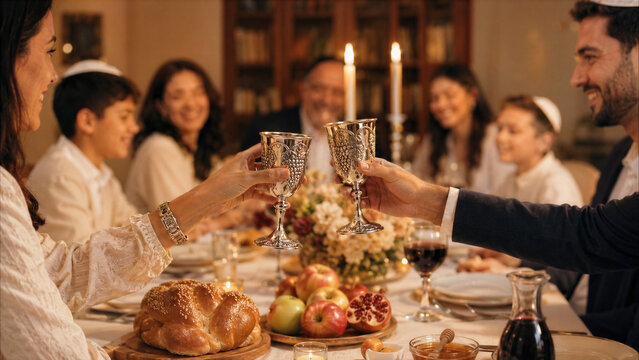 Jewish Family Rosh Hashanah Dinner Toast with Traditional Challah, Apples, and Honey