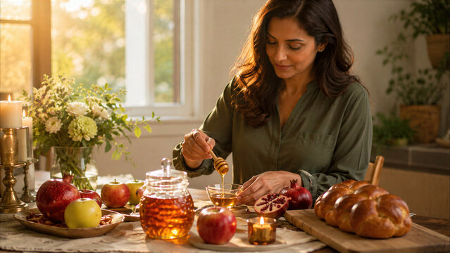 Woman preparing Rosh Hashanah feast with honey, apples, pomegranates and challah bread at home.