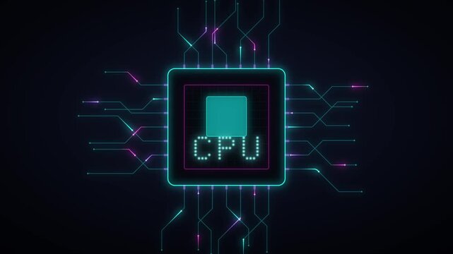 Glowing neon CPU microchip animation with circuit board light pulses, great for computer hardware, digital processing, and tech computing visuals.