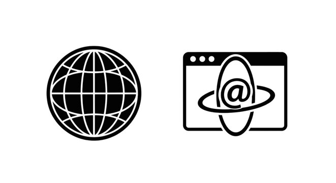 Vector illustration of globe and browser window with email symbol icons set on a transparent background