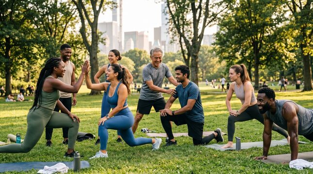 Diverse group of people performing lunges and fitness exercises in sunny public park with city skyline in background.