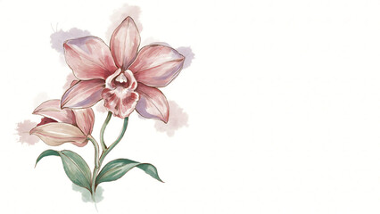 Obraz premium Watercolor painting of a pink orchid flower with green leaves isolated on a transparent background