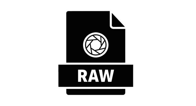 Vector illustration of raw image file format icon with camera aperture symbol, on a transparent background