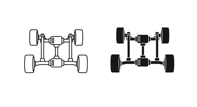 Vector illustration of car chassis with four wheels and transmission system icon set on a transparent background