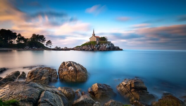 a serene coastal vista showcasing a small island with a church steeple surrounded by calm long exposure ocean and rocky foreground