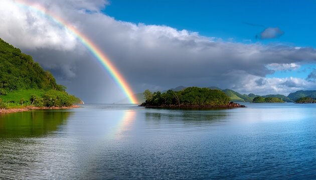a vibrant double rainbow arches over a tranquil bay reflecting in the glassy water encompassing a small verdant island under a partly cloudy sky