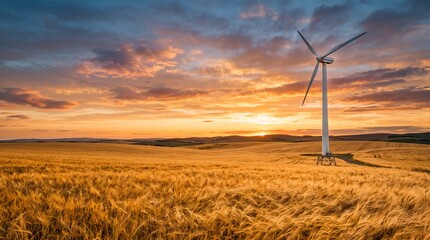Obraz premium Wind Turbine in Golden Wheat Field at Sunset, Renewable Energy Landscape Photo