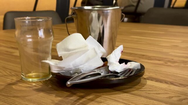 A black porcelain plate with a fork and knife, a used napkin, and a glass on a wooden table. Dirty dishes after a meal in a restaurant setting